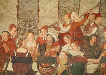 Gäste beim Bankett von Bartolomeo Colleoni für König Christian I. von Dänemark auf dem Schloss Malpaga, 1520-30 (Detail)